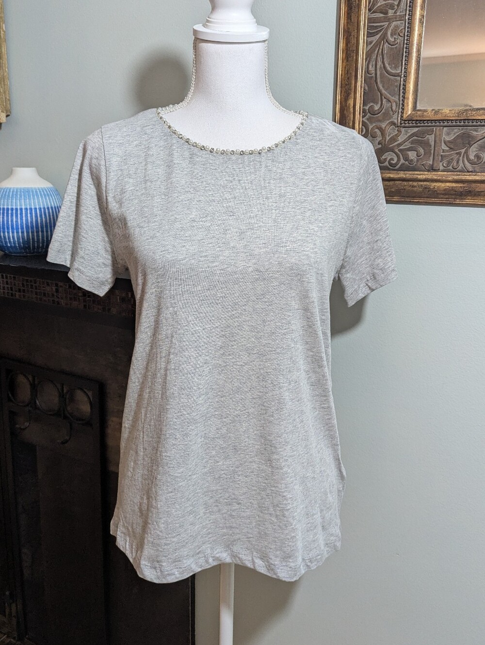NEW J.Crew Factory Women's Medium Gray Pearl Crystal Embellished Neckline Tee